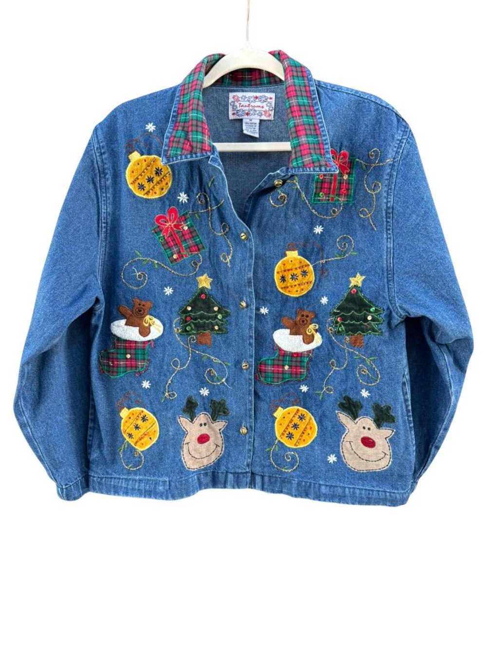 Vintage Tantrums Christmas Denim Jacket Teddy Bear Tree Ornament Plaid Appliqué